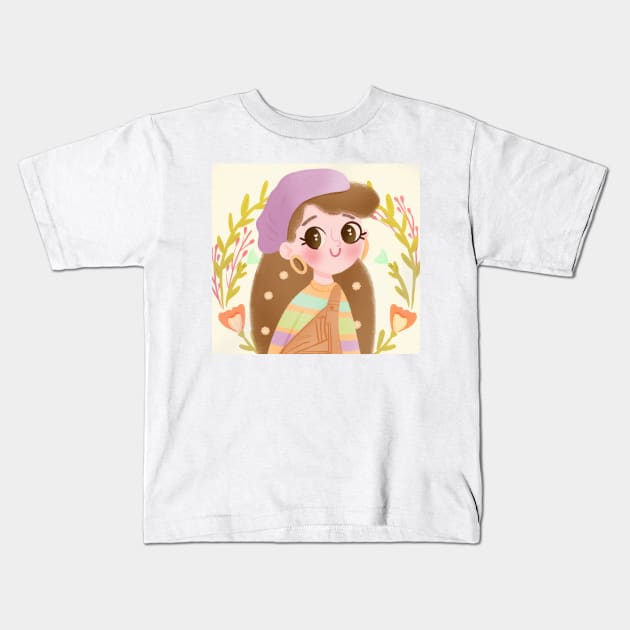 Cute Kawaii Girl in Headscarf and Overalls - Floral Pastel Art Kids T-Shirt by Matisse Studio